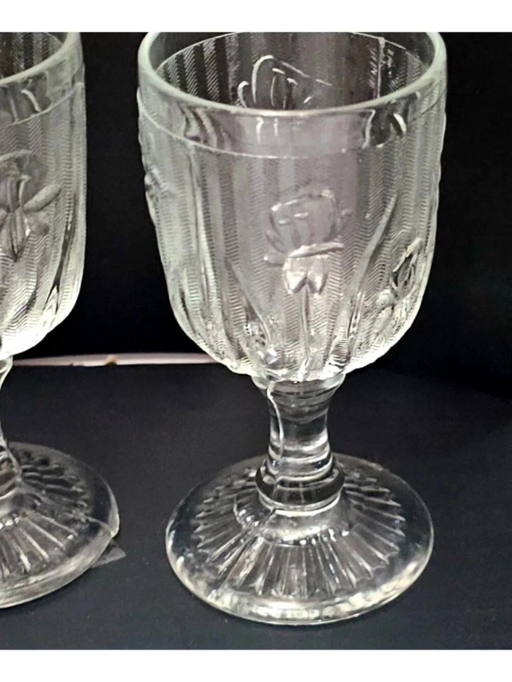 2 Jeanette Iris Port Wine Glasses 3oz Depression glass 1930s floral textured
